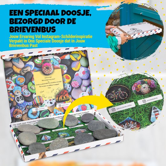 Doos met beschilderde stenen wordt door brievenbus geschoven, met stenen met fiets en egel.