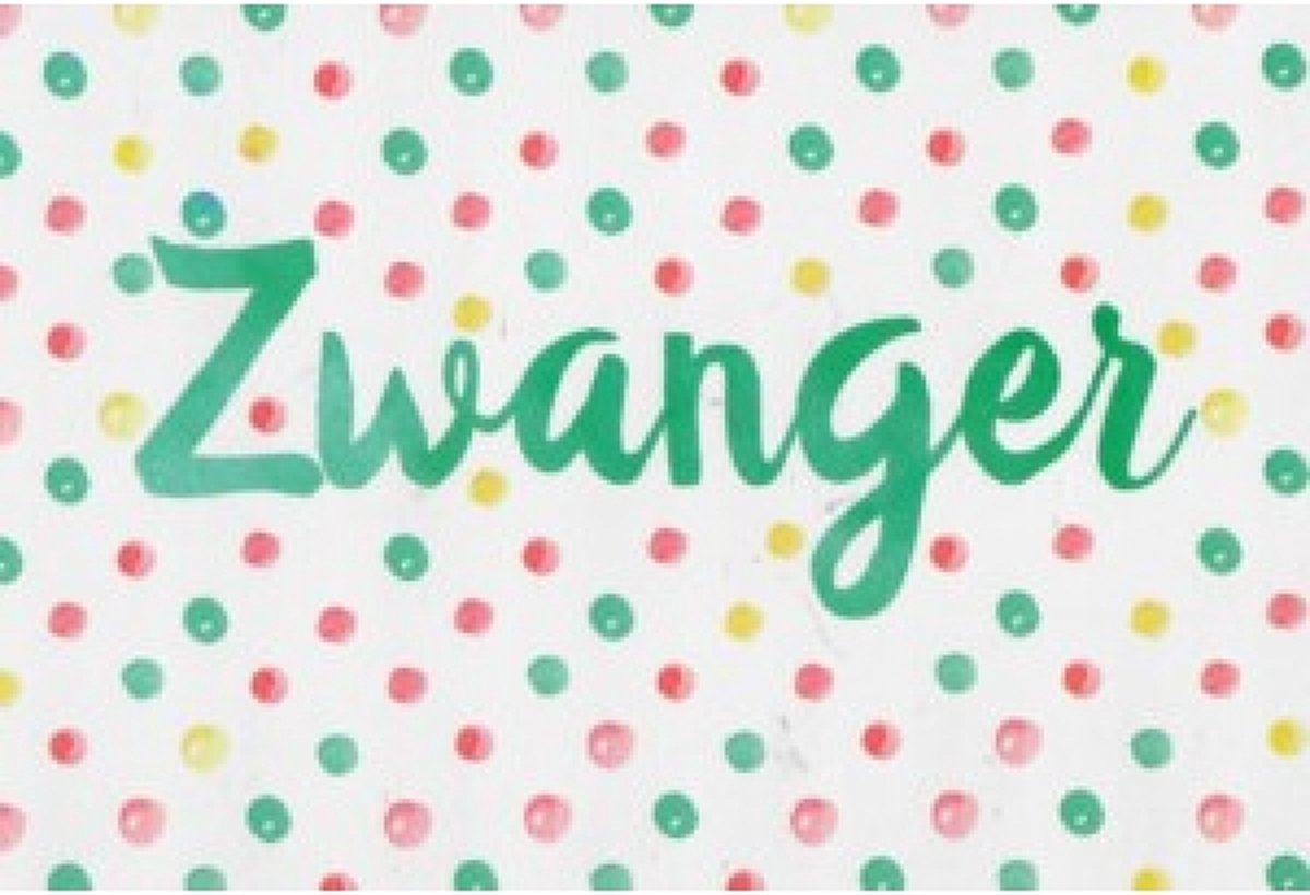 Zwanger! Van harte gefeliciteerd je bent in verwachting! Een kleurrijke kaart met leuke stippen. Een leuke kaart om zo te geven of om bij een cadeau te voegen. Een dubbele wenskaart inclusief envelop en in folie verpakt.