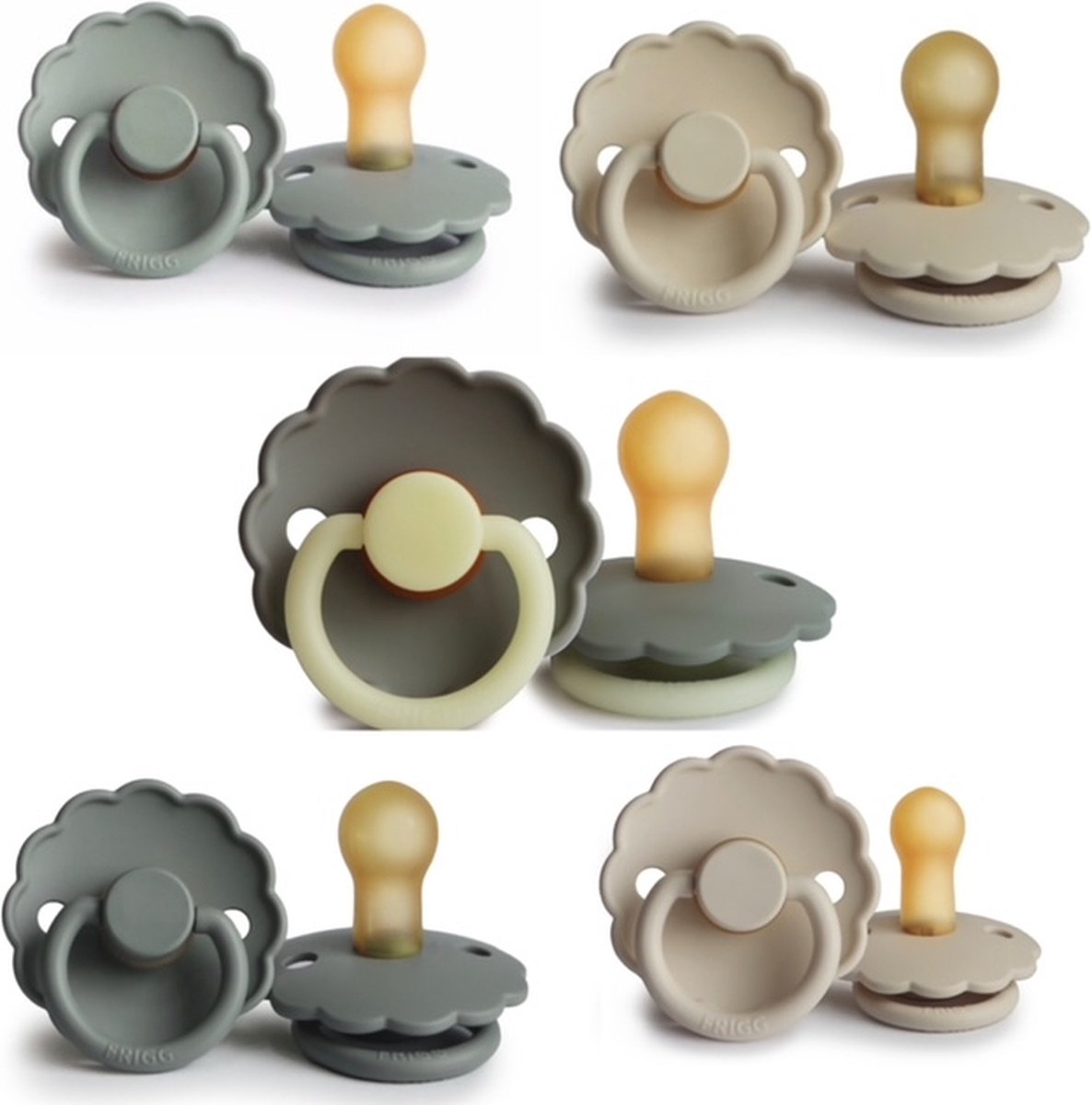 Goedkoopste FRIGG DAISY Fopspeen set 5 stuks French Grey,Croissant,Cream,Sage en French Gray Night Glow 6-18 maand