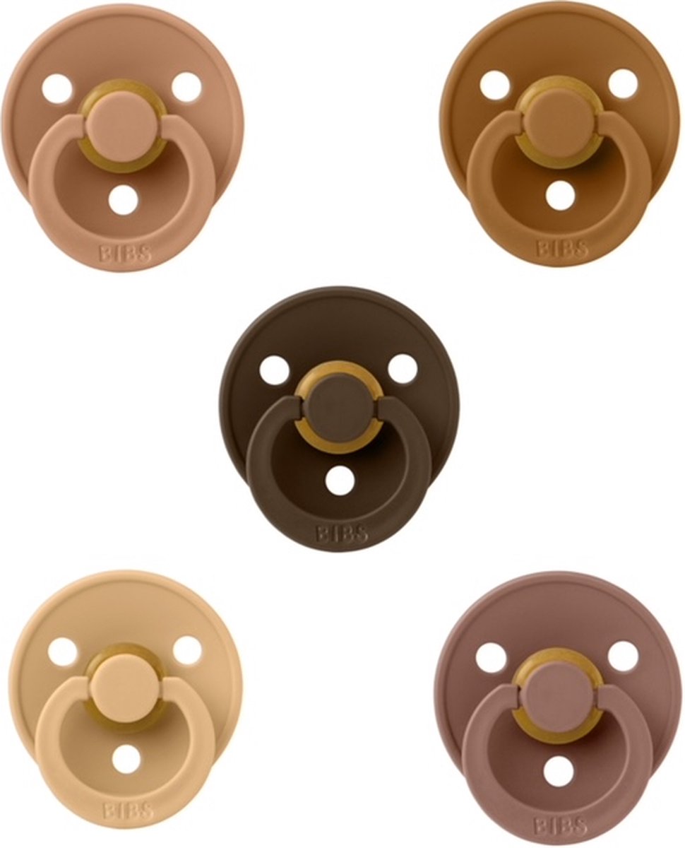 Goedkoopste Bibs fopspenen 0-6 maand set 5 stuks Caramel,Woodchuck,Mocha,Dark Oak en Dark Oak Glow maat 1
