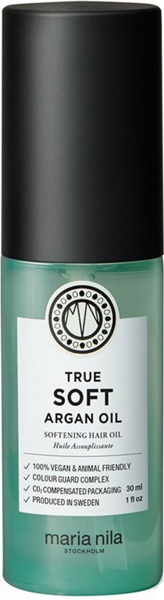 Maria Nila True Soft Argan Oil flesje van 30ml met zwarte dop en groen etiket.
