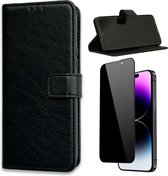 Casemania Hoesje Geschikt voor Apple iPhone 15 Zwart & Privacy Screenprotector- Portemonnee Book Case - Kaarthouder & Magneetlipje