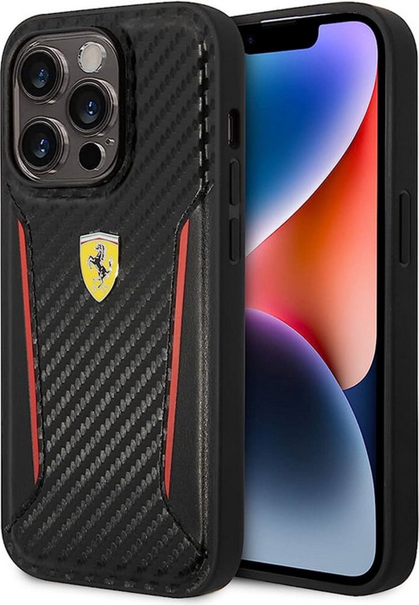 Ferrari Carbon Back Case - Geschikt voor Apple iPhone 14 Pro (6.1") - Zwart