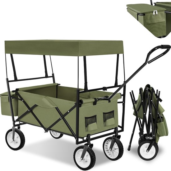 tectake® - Bolderkar transportkar bolderwagen strandkar + draagtas en dak - groen - belastbaarheid 80kg - 402317