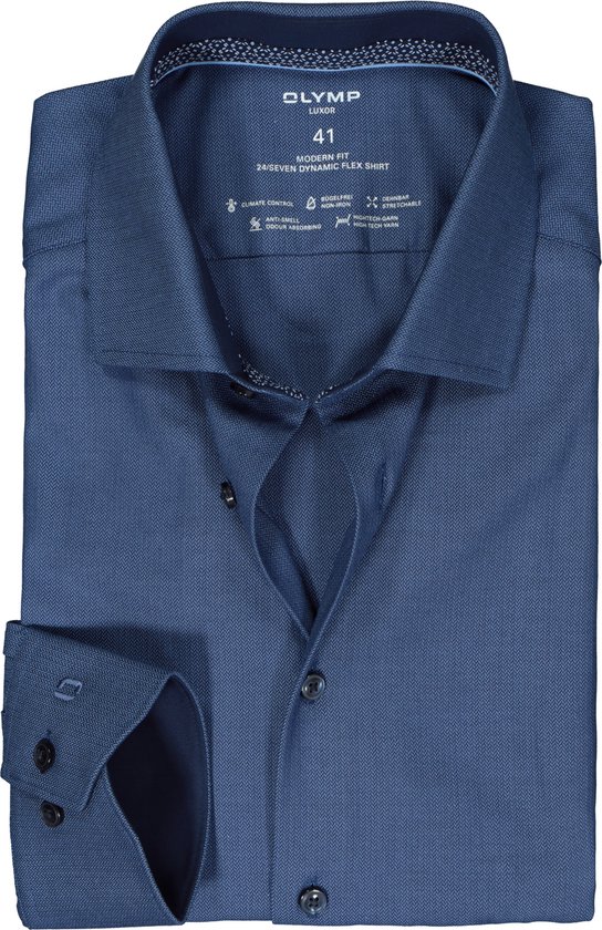 OLYMP 24/7 modern fit overhemd - herringbone - marine blauw (contrast) - Strijkvriendelijk - Boordmaat: 41