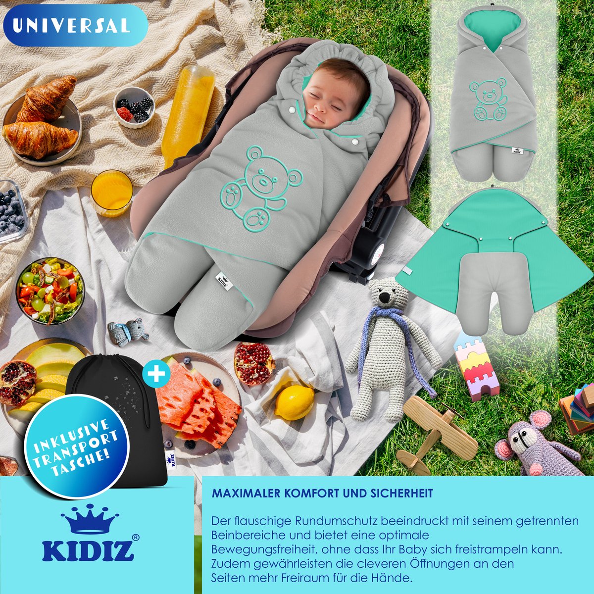 KIDIZ® Baby Slaapzak voor Buggy Voetenzak voor Autostoeltje & Wandelwagen Babyschaal, voor Winter met Kap + Babyslaapzak Deken voor Maxi-Cosi & Kinderwagen alle Gordelsystemen 3 & 5-Puntsgordel - Grijs / Turquoise – foto 5