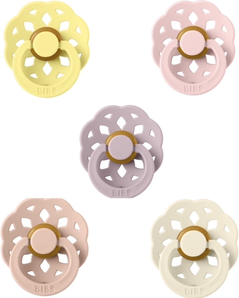 Goedkoopste BIBS Boheme Fopspeen set 5 stuks Sunshine,Fossil Grey,Blossom,Blush en Ivory 0-6 maanden maat 1