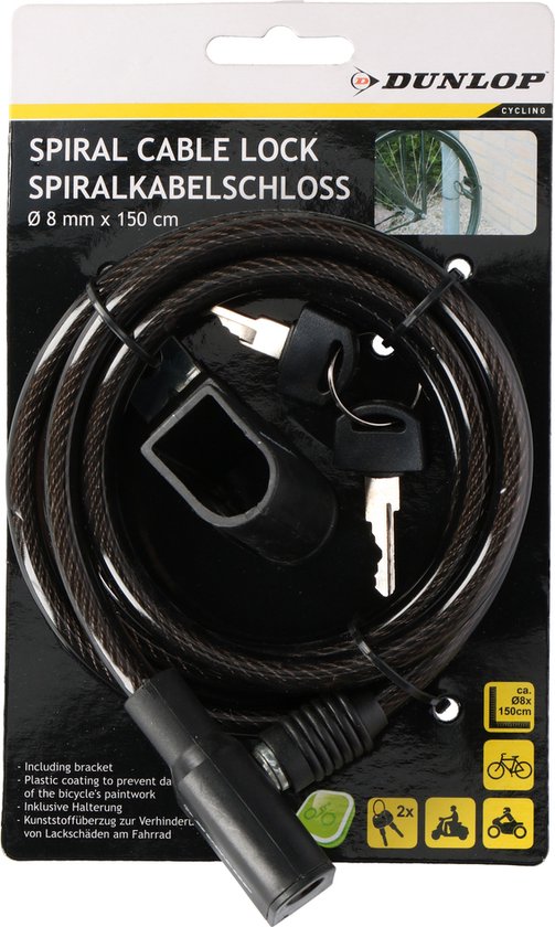 Dunlop Spiraalslot - Fietsslot - 8 x 1500 MM - Incl. 2 Sleutels - Slot - Kabelslot - Slot voor de Fiets - Zwart van Dunlop — afbeelding 4