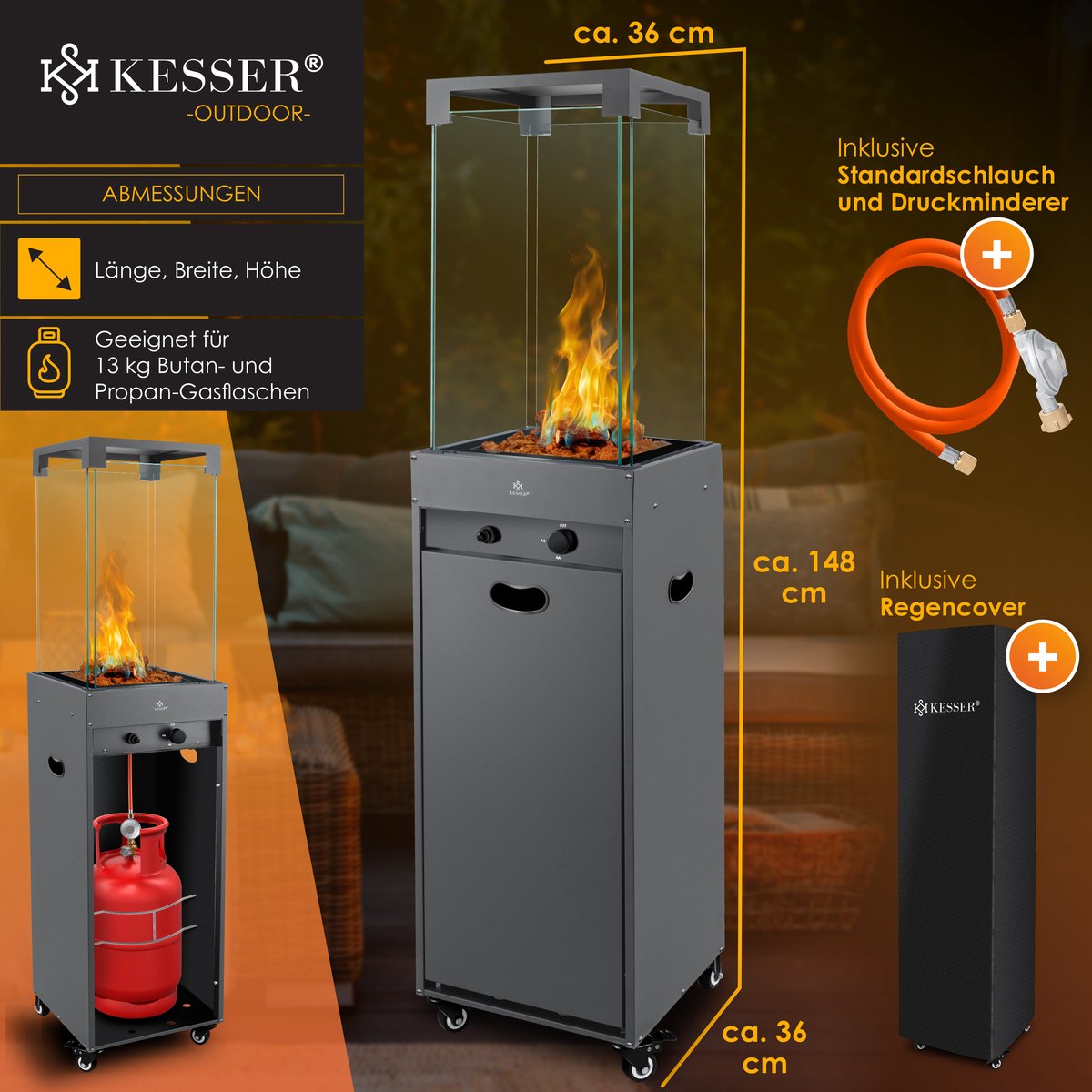 KESSER Terrasverwarmer Gas Staand - Paddenstoel Terrasheater RVS met Wielen en Beschermhoes, Buitenverwarming voor Terras en Tuin - Donkergrijs – foto 4