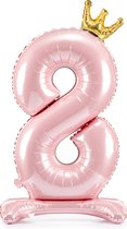 Partydeco - Staande folieballon Cijfer 8 Licht roze met kroon 84 cm
