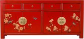 Rood Chinees dressoir met gouden knoppen en handgeschilderde bloemen, takken, vogels en een libelle.