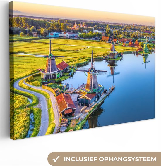 Peinture sur toile Moulin - Soirée - Paysage - Hollandais - 120x80 cm - Décoration murale