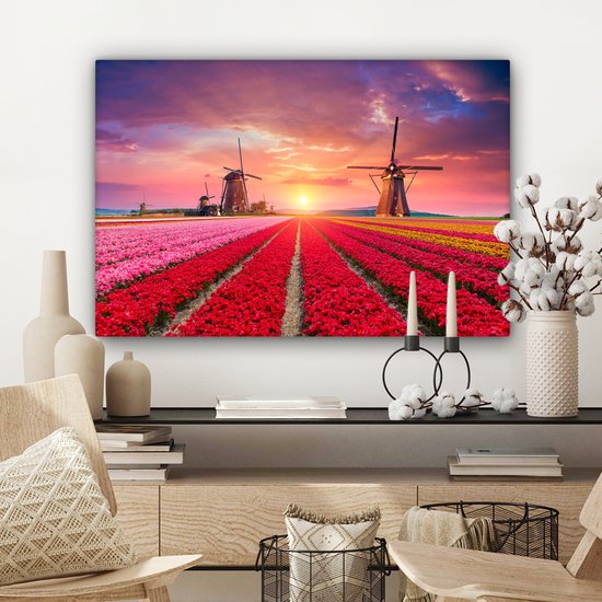 Moulin à peinture sur toile - Fleurs - Coucher de soleil - Hollandais - 60x40 cm - Décoration murale