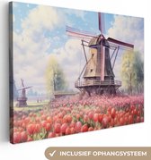 Canvas Schilderij Molen - Tulpen - Bloemen - Landschap - Hollands - 120x90 cm - Wanddecoratie
