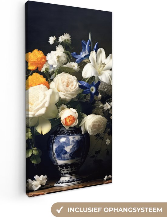 Canvas Schilderij Bloemen - Stilleven - Rozen - Delfts blauw - Vaas - 20x40 cm - Wanddecoratie