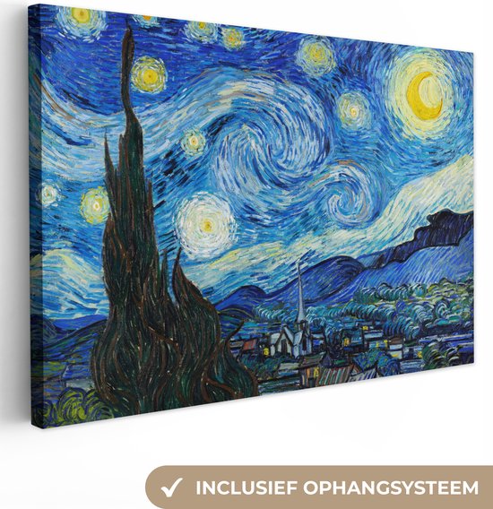 Schilderijen op canvas - Sterrennacht 140x90 - Kamer decoratie accessoires - Schilderij starry night woonkamer - Oude meesters wanddecoratie slaapkamer - Muurdecoratie keuken - Wanddoek Vincent van Gogh - Woondecoratie - Woonaccessoires