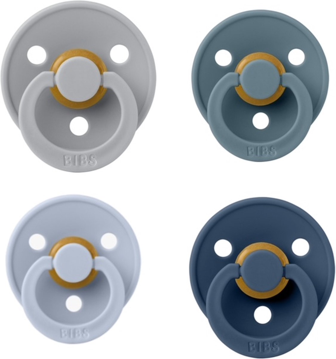 Goedkoopste Bibs fopspeen 0-6 maand Set 4 stuks Cloud,Petrol,Dusty blue en Dark Denim Maat 1
