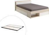 Bed met opbergruimte - 140 x 200 cm - Kleur: Wit en houtlook + Bedbodem - DEBAR L 220 cm x H 79 cm x D 150 cm