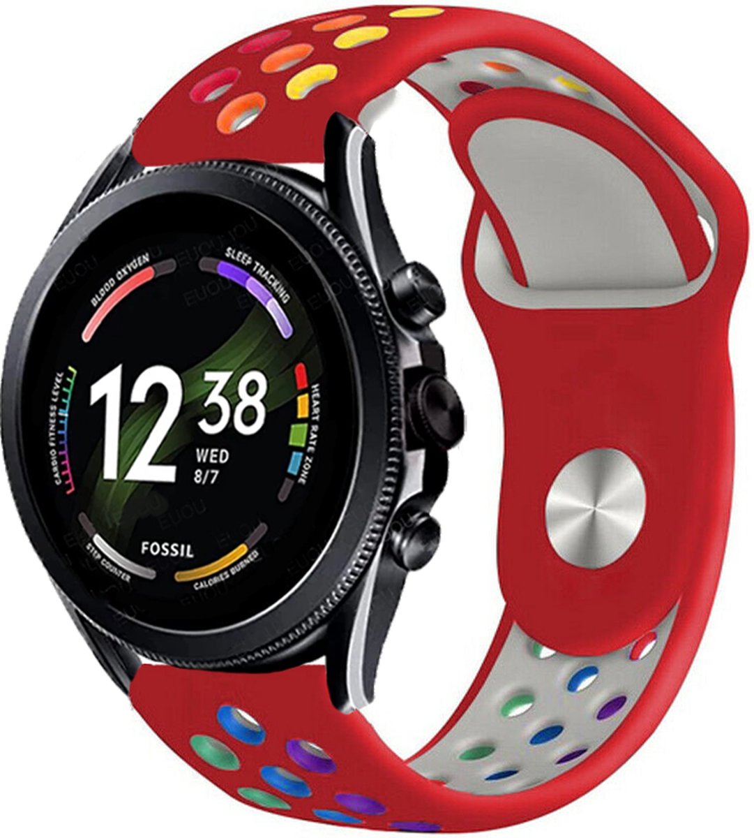 Strap-it Siliconen sport bandje - geschikt voor Fossil Gen 6 44mm / Gen 5 / Gen 5e 44mm - rood/kleurrijk
