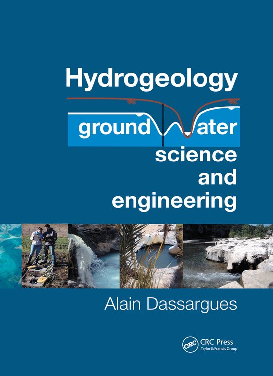 Page de titre de "Hydrogeology ground water science and engineering" par Alain Dassargues. Avec des images d'eau et de travaux.