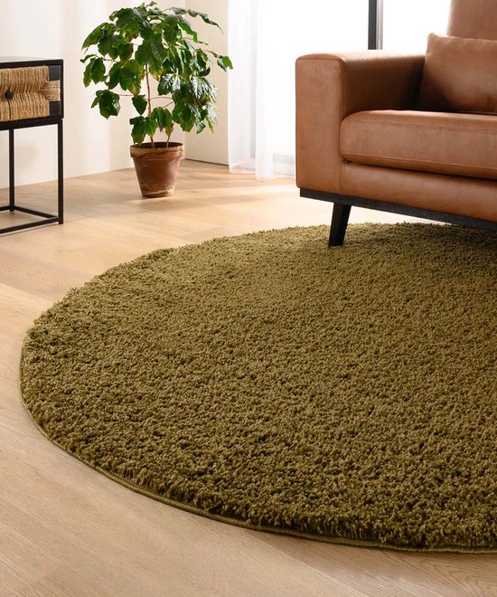 Rond hoogpolig vloerkleed shaggy Trend effen - olijfgroen 80 cm rond