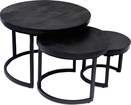 Tables basses rondes Nuvolix - 61*42CM - table basse set de 3 - bois de manguier - noir