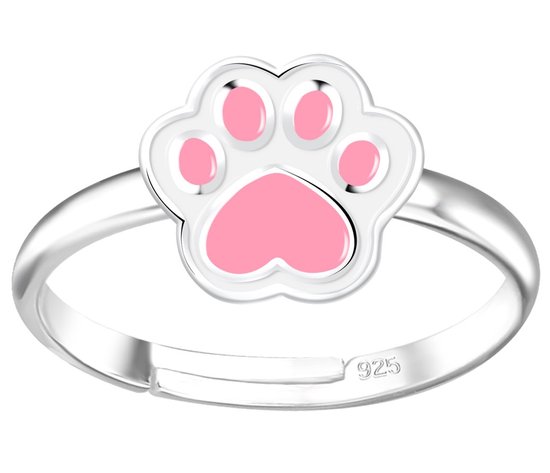Joy|S - Zilveren kat hond dierenpoot ring - verstelbaar - poot afdruk - wit roze - voor kinderen