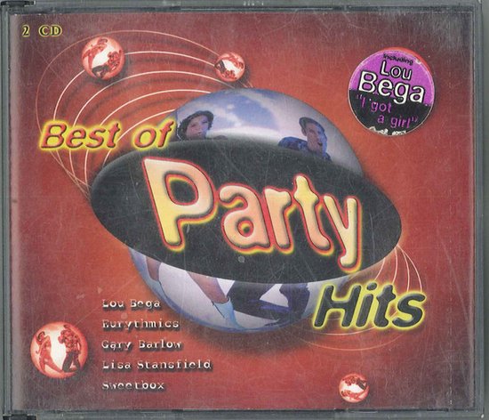 Cd-hoes met de titel "Best of Party Hits". Met rode spiralen en bubbels. Inclusief Lou Bega.