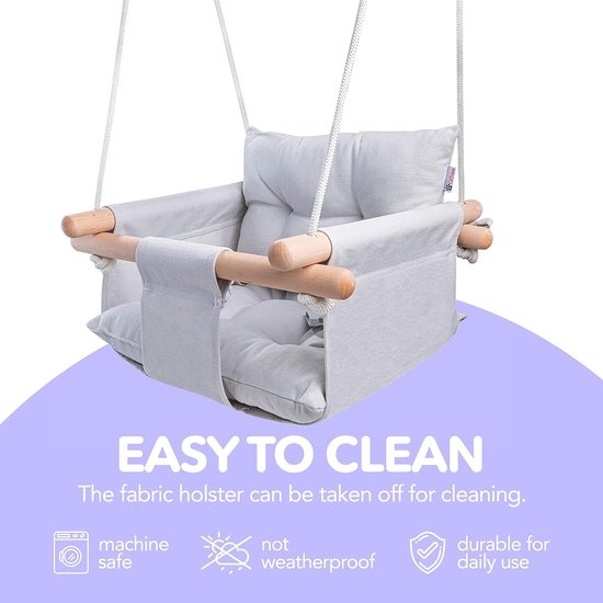 Canvas Baby Swing, Houten Hangende Swing Seat Stoel Met Veiligheidsgordel, Duurzame Baby Hangmat Stoel, Outdoor en Indoor Swing voor Kinderen, Montagehardware inbegrepen, Grij van MAWA Nursery — afbeelding 4