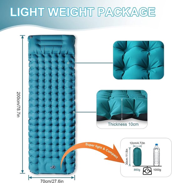 Camping isomat, zelfopblazend, met voetperspomp, 10 cm dik, waterdicht, isomat met hoofdkussen, outdoor opblaasbare luchtmatras, opvouwbare slaapmat voor outdoor, camping, blauw van Camp — afbeelding 4