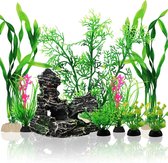 Aquarium planten decoratie, 9 stuks groene aquarium kunststof planten met hars aquarium grot vis tank ornament accessoires