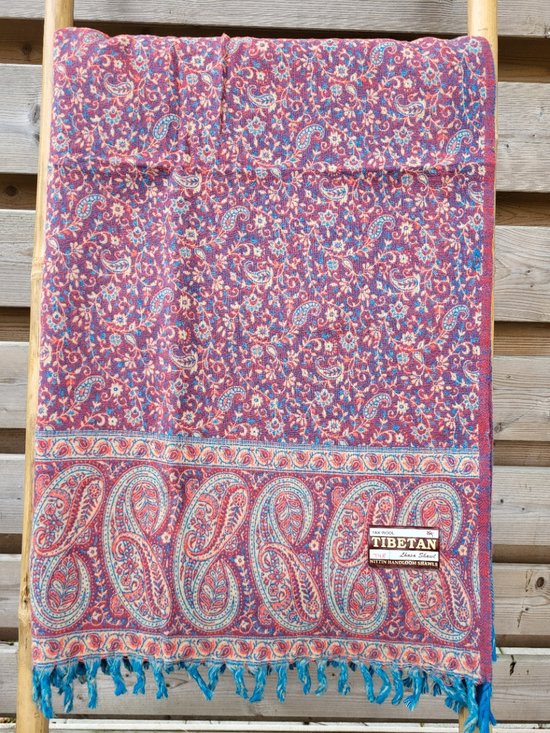 Nepal Omslagdoek Plaid Sjaal Yak Wol/Acryl (200 x 100 cm) Turqoise/Rood/Creme