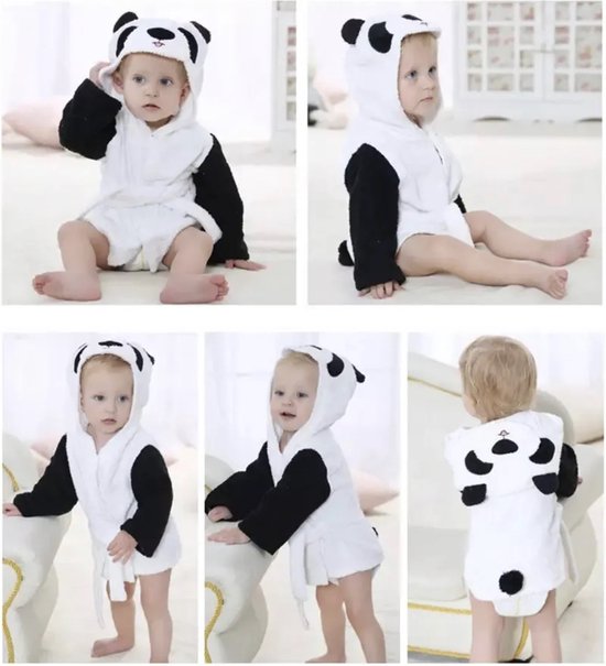 Baby Badjas Panda - 0-12 maanden (0-1 jaar) - ochtendjas - katoen - snel drogend - met capuchon - kraamcadeau - dierenbadjas - sinterklaas - unicorn - dier - meisjes en jongens - wit zwart — afbeelding 3
