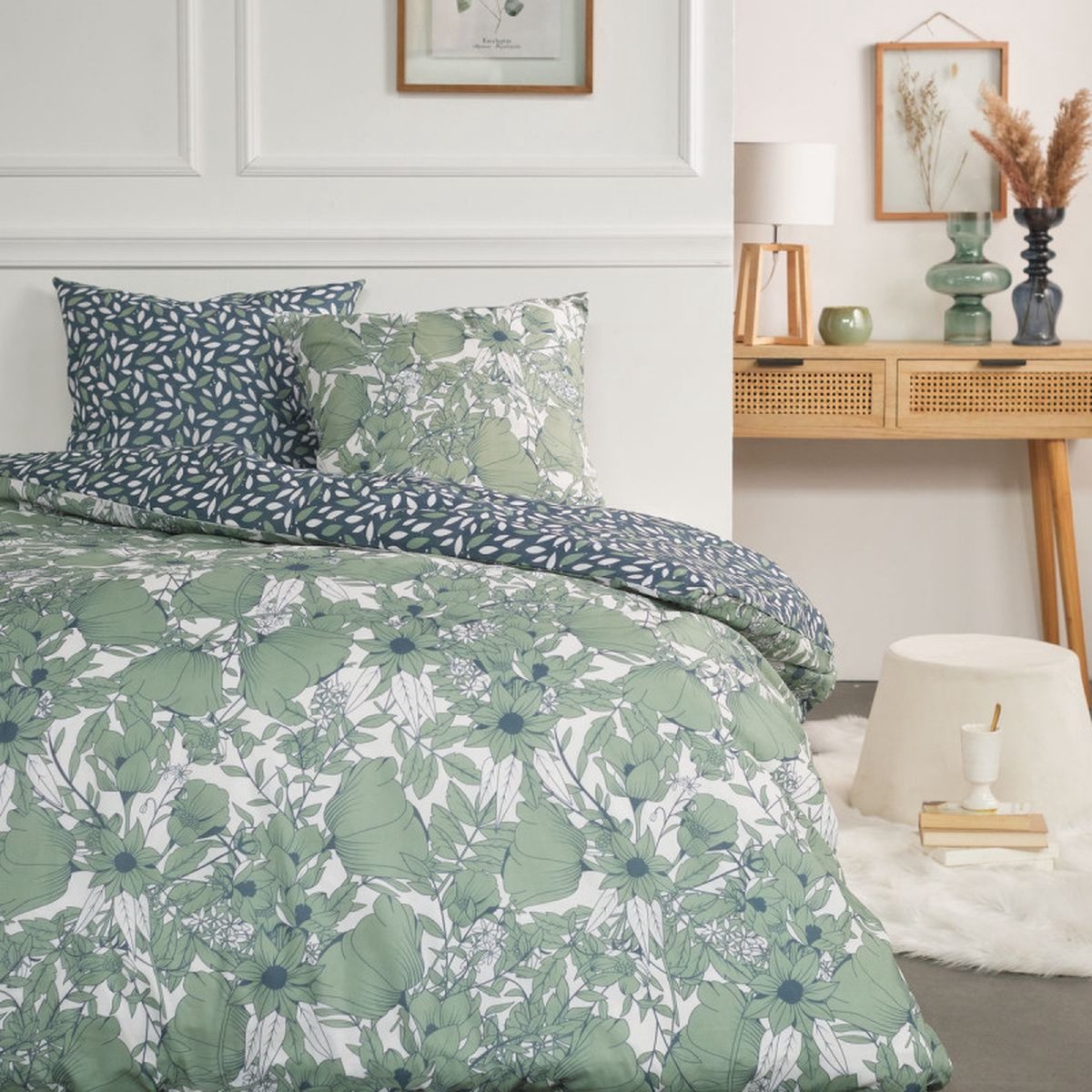 Flanel dekbedovertrek - 240 x 220 - green winter flower