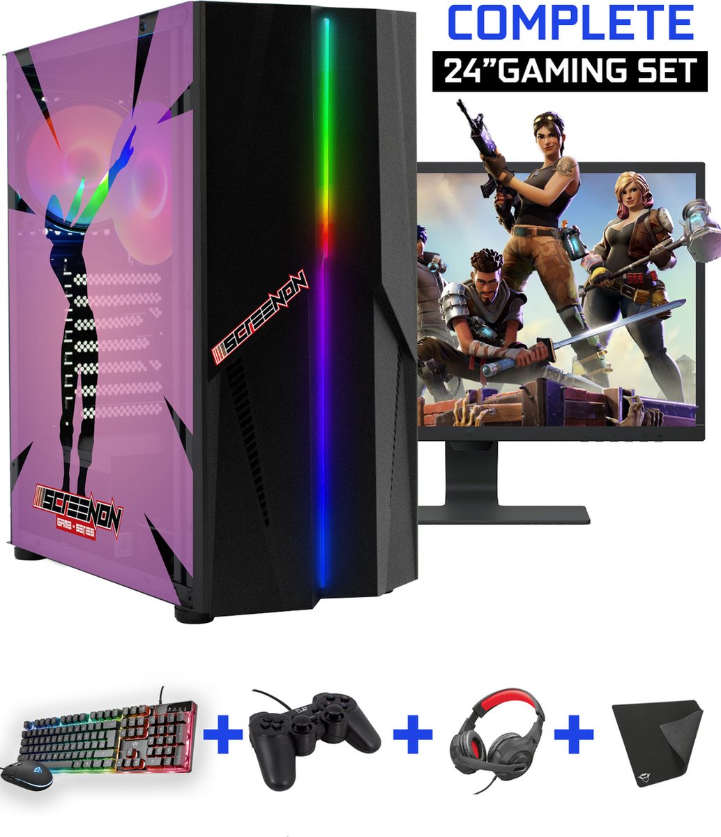 ScreenON - Game PC - Complete Fortnite Gaming PC Set - X13899 - V1 ( Game PC X13899 + 24 Inch Monitor + Toetsenbord + Muis + Controller )