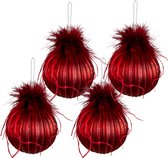 HAES DECO - Kerstbal Set 4 - Formaat (4) Ø 8x8 cm - Kleur Rood - Materiaal Glas - Kerstversiering, Kerstdecoratie, Decoratie Hanger, Kerstboomversiering