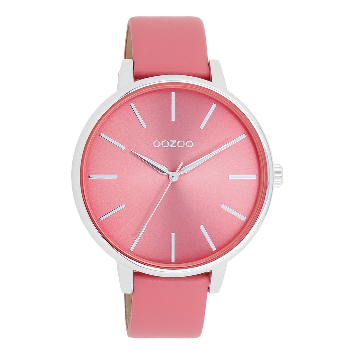 OOZOO Timepieces - Zilverkleurige OOZOO horloge met roze schelpkleurige leren band - C11295