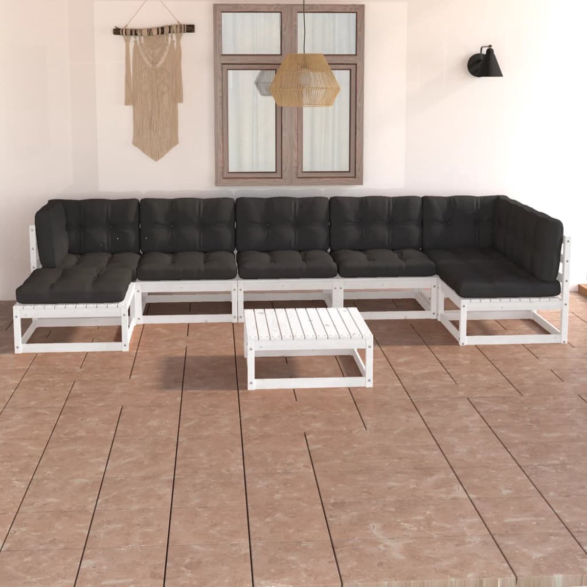 Massief grenenhouten loungeset met kussens voor tuin en terras.