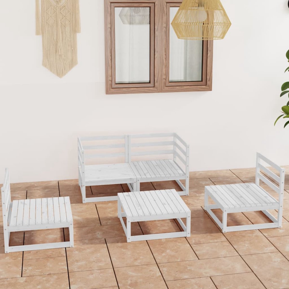 The Living Store 5-delige Loungeset massief grenenhout wit - Loungeset - Tuinset - Houten Lounge Set - Tuinlounge - Terrasfurniture