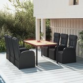 The Living Store Tuinset Zwart - 6x verstelbare stoel - 1x tafel - Inclusief kussens - PE-rattan - Staal - 150x90x75cm