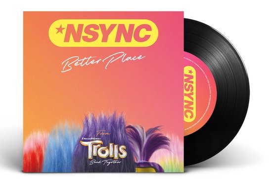 NSYNC 'Better Place' vinylplaat met de titel 'From Trolls Band Together' en gekleurd haar aan de onderkant.