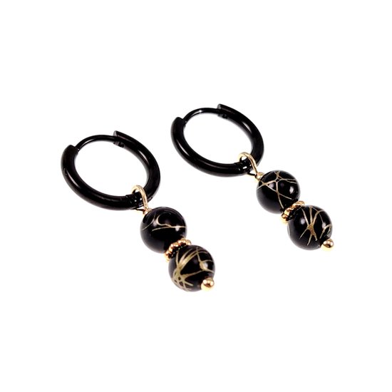 Boucles d'oreilles Femme ∅14mm - Acier inoxydable avec revêtement PVD noir - Boucles d'oreilles avec pendentif perles d'agate