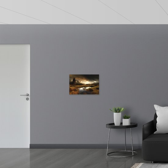 Hout - Landschap - Gras - Bomen - Wolken - Water - 60x40 cm - 9 mm dik - Foto op Hout (Met Ophangsysteem)