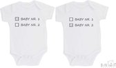 100% katoenen Rompers 2-pack "Baby nr. 1 & Baby nr. 2" Unisex Tweeling Katoen Wit/zwart Maat 62/68