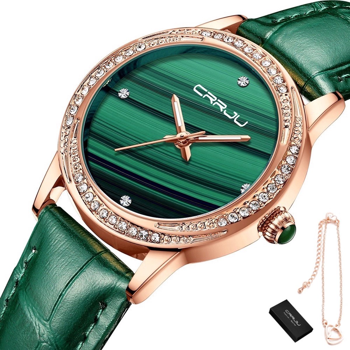CRRJU® - Horloge Dames - Cadeau voor Vrouw - Incl. Armband - 32 mm - Groen Rosé