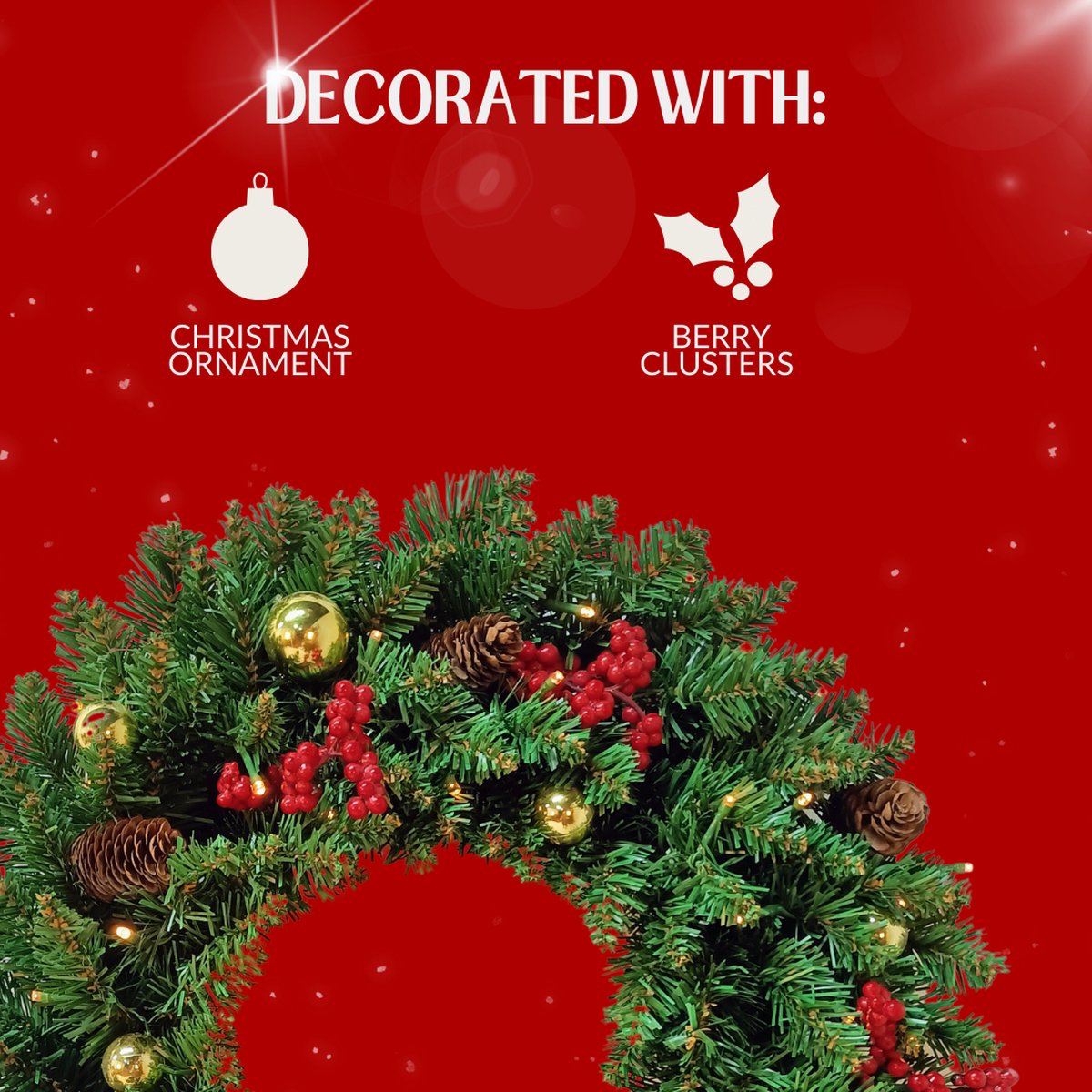 Buxibo PVC Kerstkrans met LED-verlichting, Dennenappels, Rode Bessen en Kerstballen - Met 50 lampjes op batterijbox - 180 takken - 60cm - – foto 7