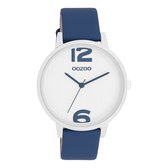 OOZOO Timepieces - Zilverkleurige OOZOO horloge met donker blauwe leren band - C11238