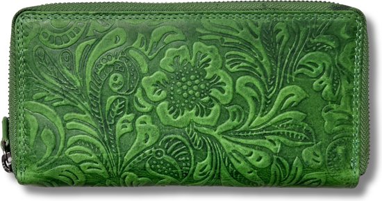Lundholm portemonnee dames groot met rits groen leer met bloemenpatroon - grote dames portemonnee ritsportemonnee vrouwen cadeautjes tip - Scandinavisch design | Helsingborg serie - RFID safe - groen