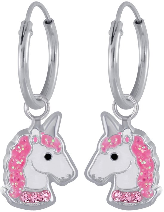 Joy|S - Zilveren eenhoorn oorbellen unicorn oorringen roze wit