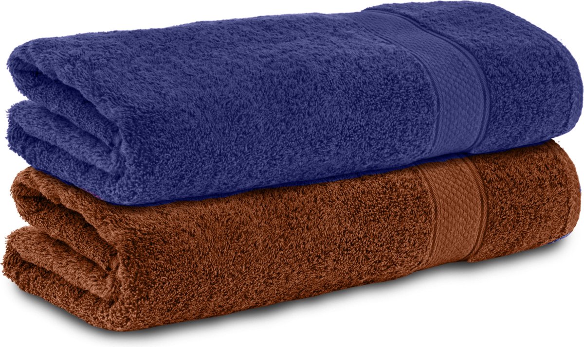 Komfortec 2x Handdoek 50x100 - 100% Katoen – Handdoekenset - Zacht - Bruin&Blauw